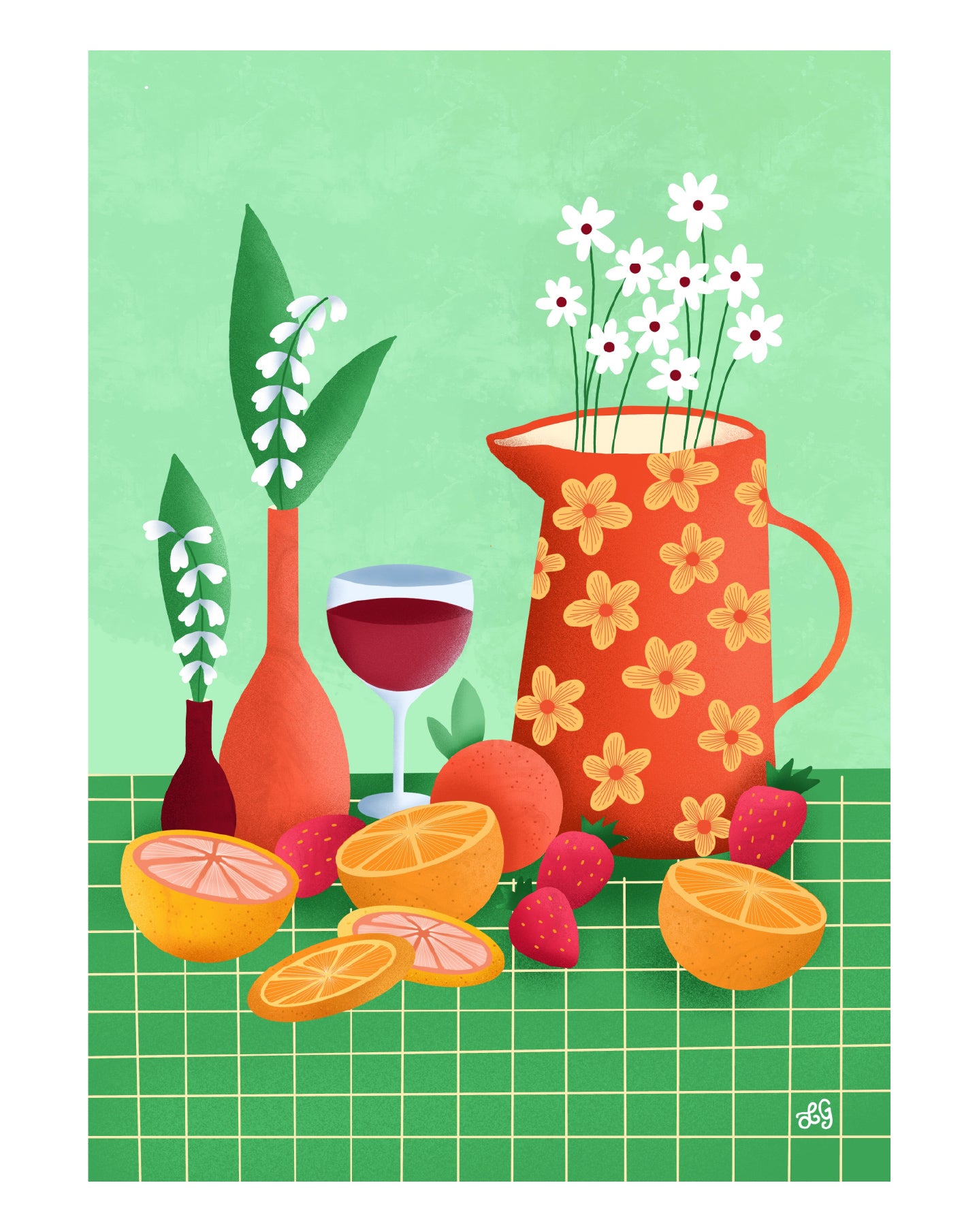 Illustration Oranges & vin rouge